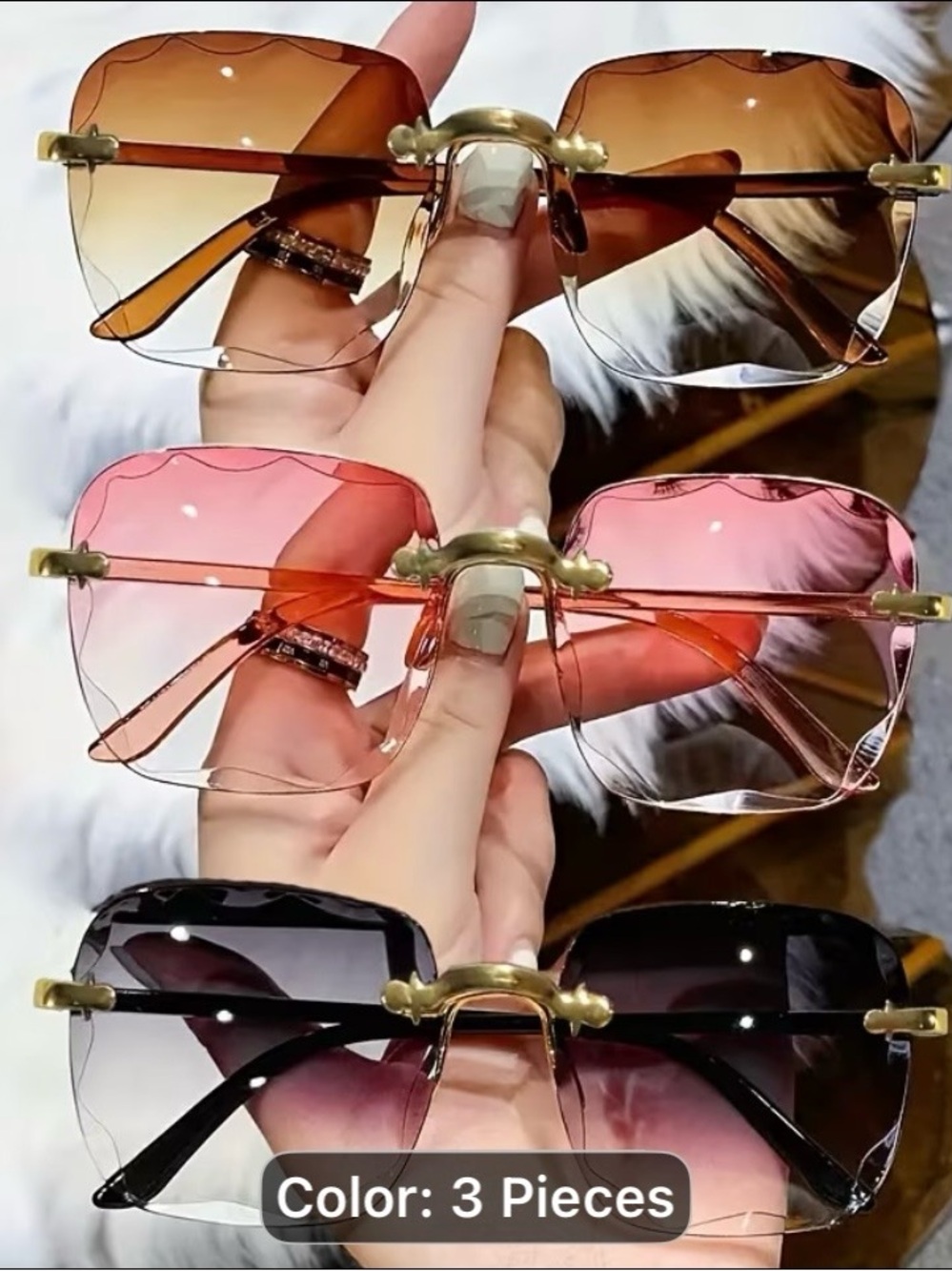 Three-Piece Rimless Gradient Sunglasses Set - Brown, Pink, Black - Picture 7 of 8